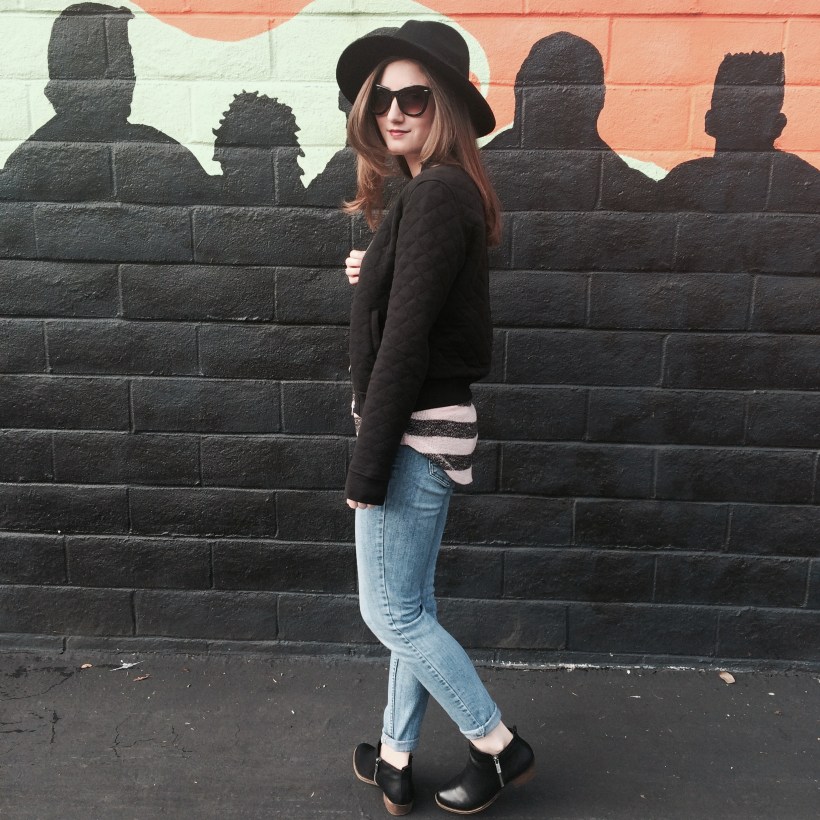 Brandy Melville Hat, Urban Outfitters Striped Sweater, STS Blue Jeans, Lucky Brand Bootles, Nordstrom Sunnies