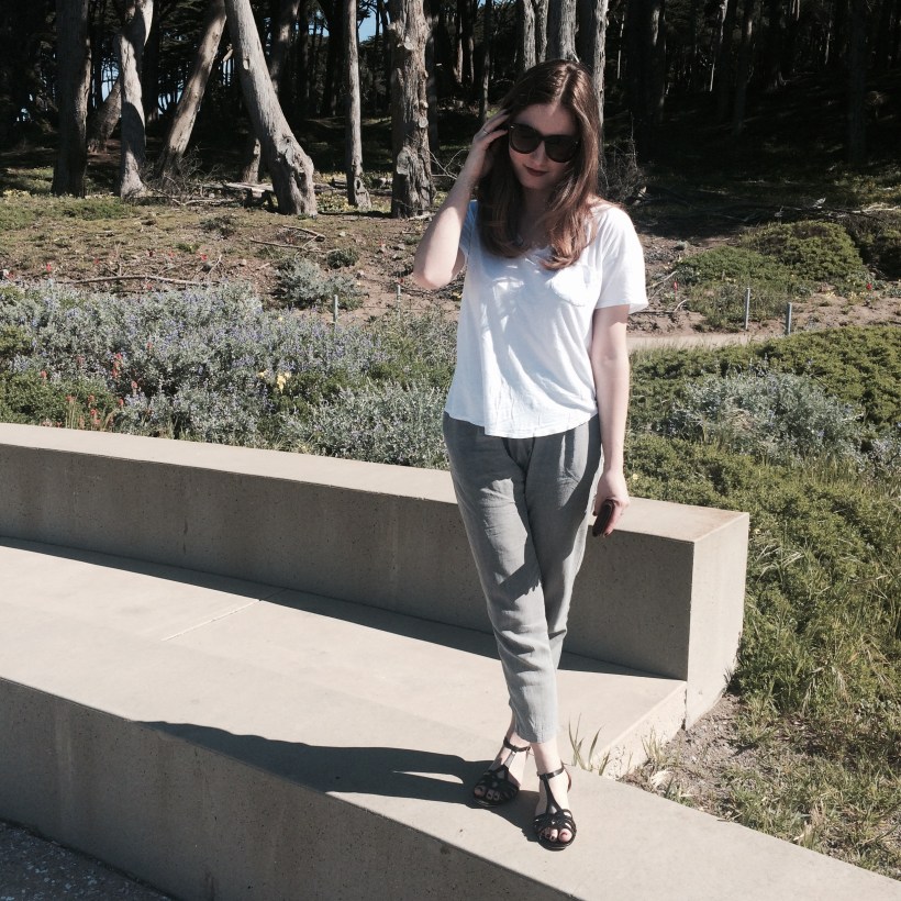 Abercrombie T-shirt, Chelsea crew Sandals, Urban Pants, Nordstrom Sunnies 