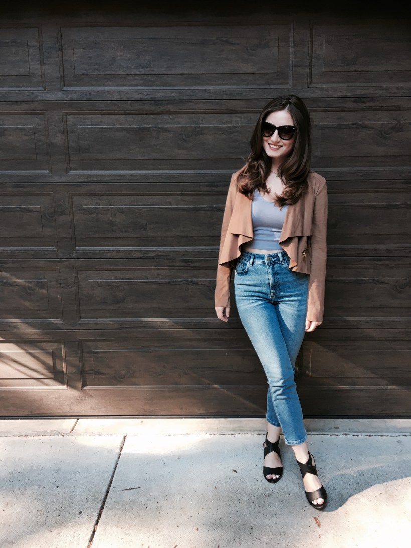 Suede Jacket, High waisted jeans, Wedge,  Crop Top
