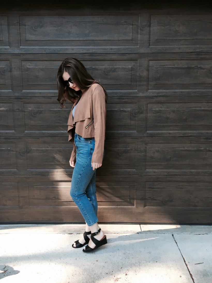 Suede Jacket, High waisted jeans, Wedge,  Crop Top