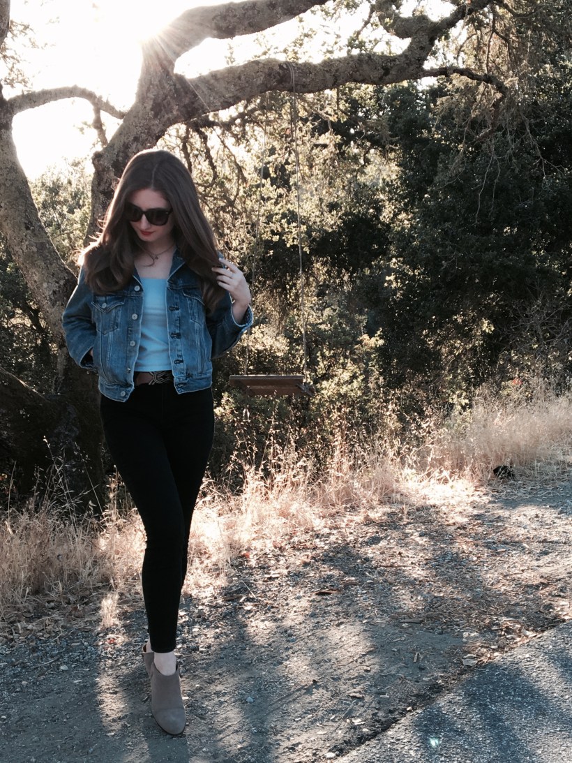 BDG Denim Jacket, Urban Crop Top, Gap high waisted black jeans, Lucky Brand Booties