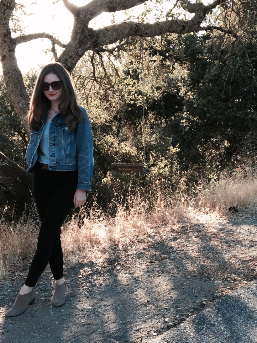 BDG Denim Jacket, Urban Crop Top, Gap high waisted black jeans, Lucky Brand Booties