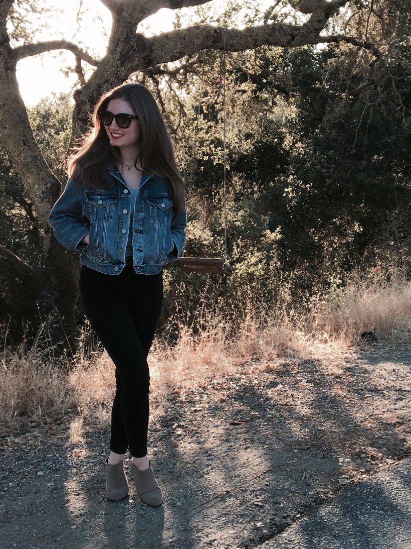 BDG Denim Jacket, Urban Crop Top, Gap high waisted black jeans, Lucky Brand Booties