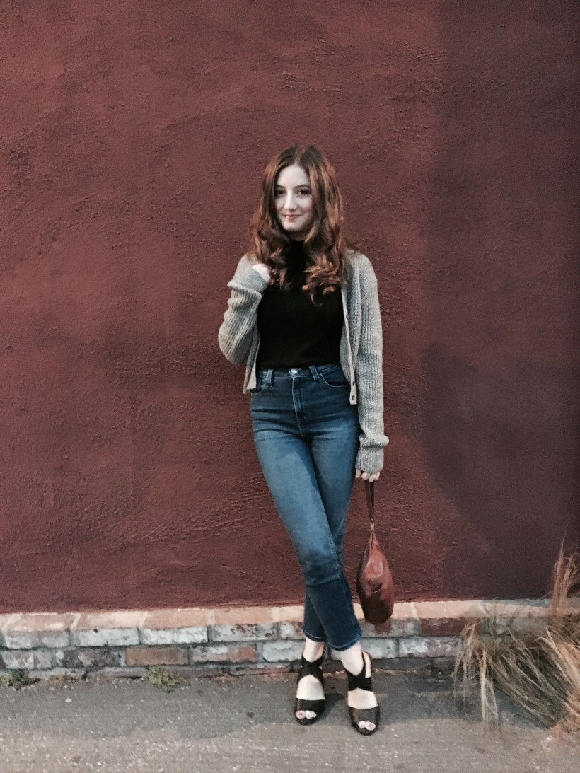 urban jeans and sweater, lucky heels, bar iii top