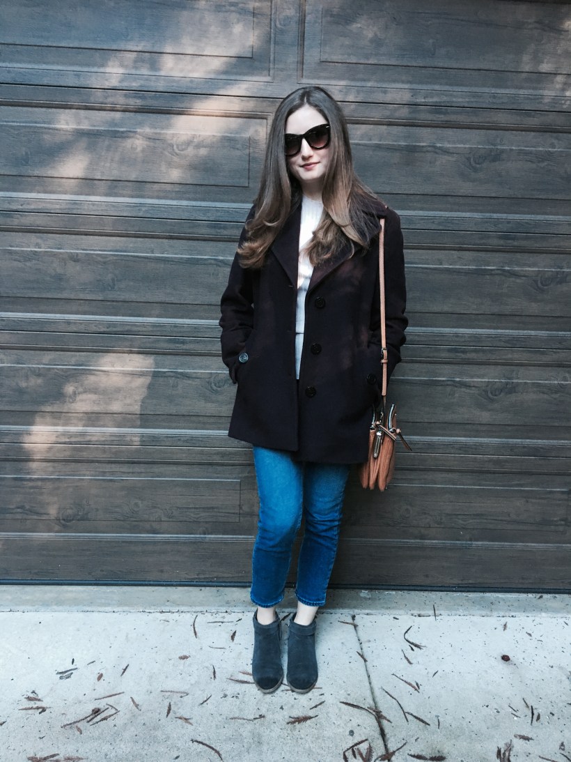 pea coat, Jeans, booties