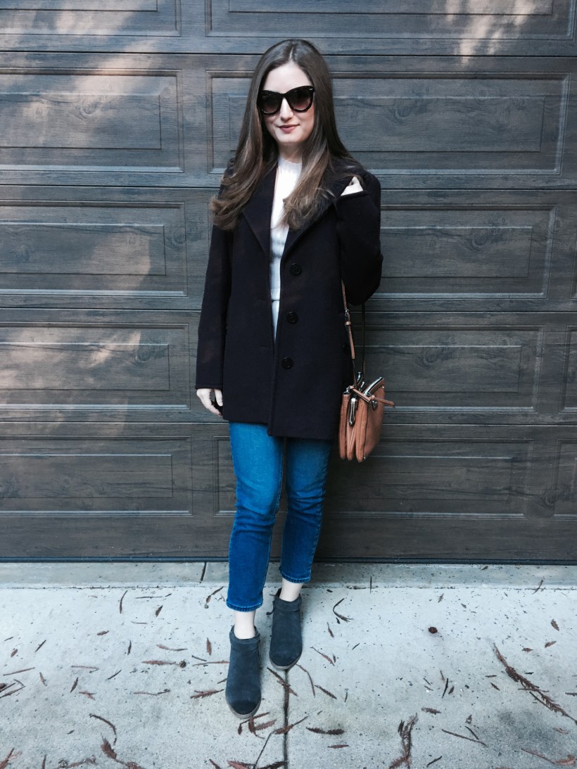 pea coat, Jeans, booties