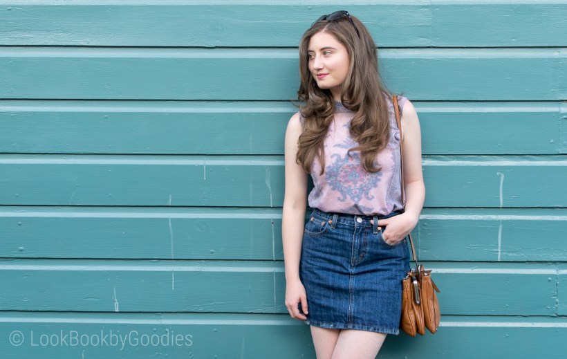 Tank Top, Denim Skirt, Heels, sunglasses