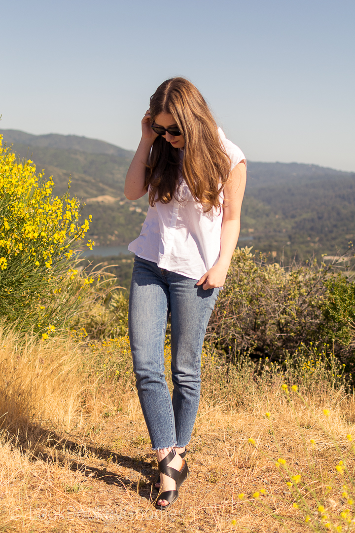 white button down, jeans, heels