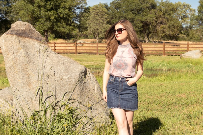 Tank Top, Denim Skirt, Heels, sunglasses