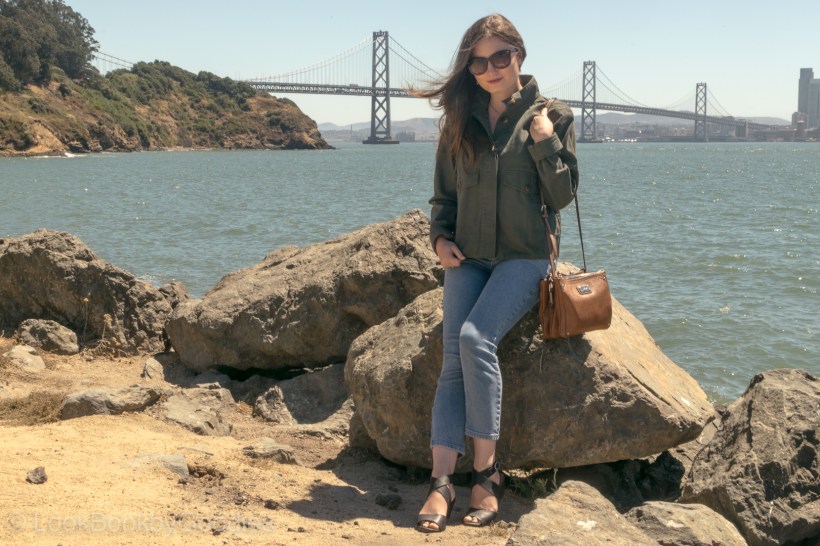 gap utility jacket, bdg jeans, lucky brand shoes, nine west cross body