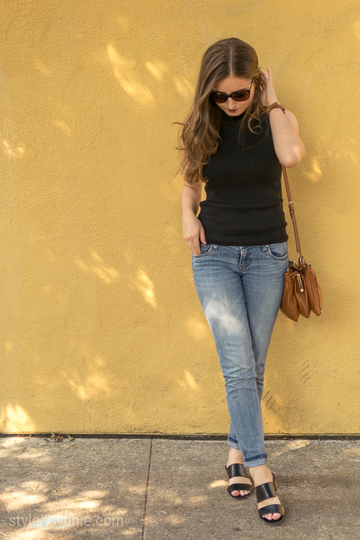 sleeveless turtleneck, jeans, heeled sandals, cat eye sunglasses, nordstrom, ootd, nine west cross body purse, California, blogger, style, fashion