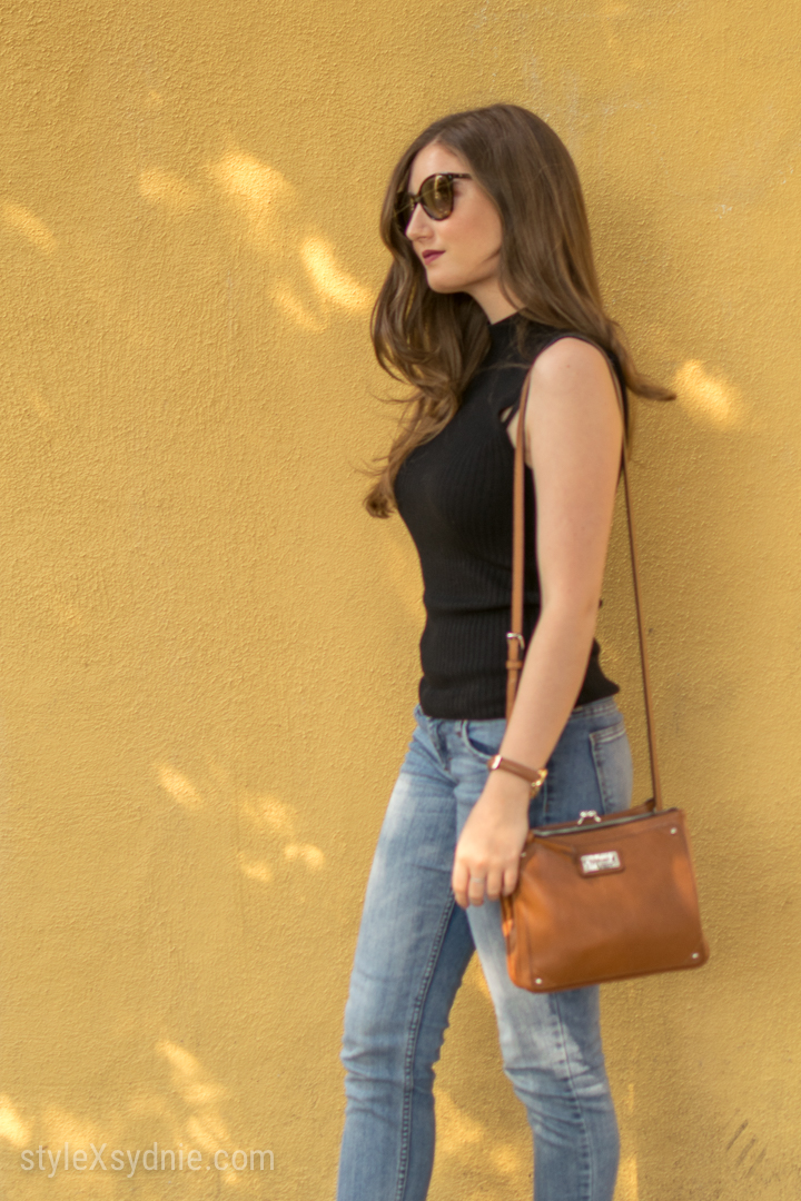 sleeveless turtleneck, jeans, heeled sandals, cat eye sunglasses, nordstrom, ootd, nine west cross body purse, California, blogger, style, fashion