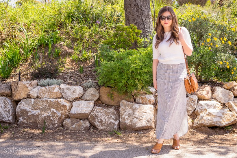 Roxy maxi skirt, Clarks heels, H&M sweater, Marc Jacobs Glasses, Nine West Purse, Spring