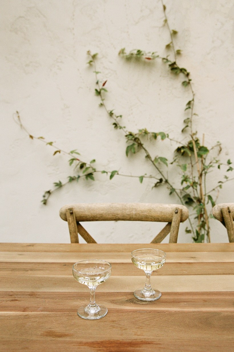 image of two empty champagne glasses at a wooden table with greenery in the background